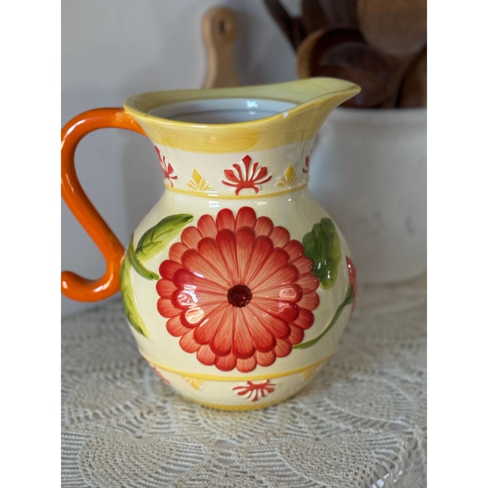 Vintage Flower Pitcher Hand Painted Ceramic Floral Jug Colorful Farmhouse Decor